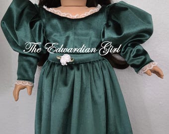 OOAK Green Velour Lace Doll Dress, 1830s Style, Fits 18-inch Dolls