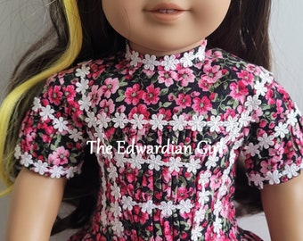 Victorian 1860's pink flower and white venice lace doll dress. For 18 inch play dolls such as American Girl, Springfield, Our Generation