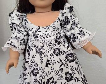 Regency Style Doll Dress, Black and White Floral, Fits 18 inch Dolls