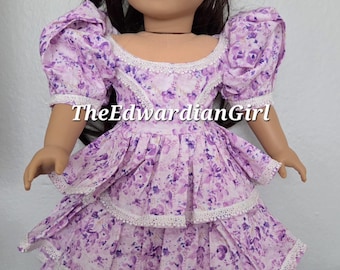 OOAK purple floral and lace 1830's style dress. For 18 inch play dolls such as American Girl, Springfield, Our Generation. Made in USA