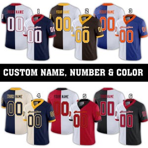 May include: A collection of custom football jerseys in various color combinations. Each jersey features a split design with the text "YOUR NAME" and the number "00" on the front and back. The text "CUSTOM NAME, NUMBER & COLOR" is also visible.
