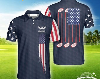 Polo da golf con bandiera americana: abbigliamento da golf da uomo patriottico blu navy