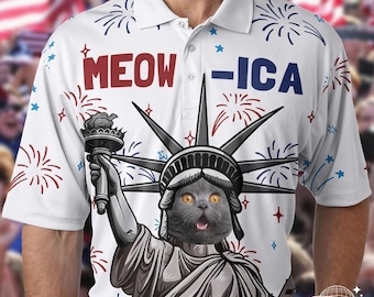 Polo patriottica personalizzata con Meowica, design personalizzato con foto di gatto, regalo per la celebrazione degli Stati Uniti.
