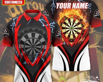 Polo de dardos personalizado, estampado de diana de dardos ardiente, nombre personalizado