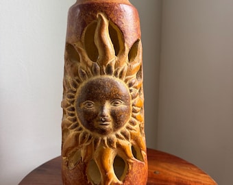 Vintage Sun & Moon Candle Lantern | Rustic Ceramic Pillar Candle Holder | Boho Celestial Decor | Retro Pottery Luminary