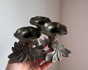 Vintage Brass Three-Tier Candle Holder | Mid-Century Lotus Flower Candelabra | Sculptural Metal Decor | Boho Table Centerpiece