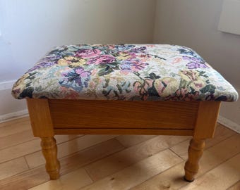 Vintage Oak Storage Bench / Footstool with Floral Upholstered Seat