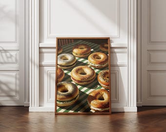 Bagel Art Print Digital Download  |  Retro Food Wall Decor  |  Kitchen Poster  |  Café Artwork  |  Breakfast Lover Gift
