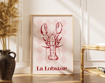 Stampa di aragosta rosa, poster da parete alla moda / Stampa da cucina, arte murale rossa e rosa / Stampa di vacanza europea sull'oceano, sala da pranzo