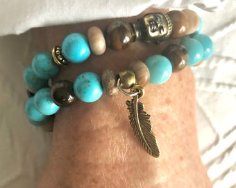 Blue Howlite, Tigers Eye, Feather Charm, Buddha Charm, Throat Chakra, Stacking Bracelet