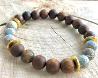 Blue Sea Sediment / Wood Bead Bracelet