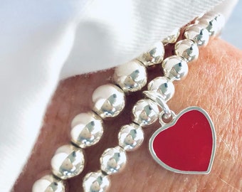 Sterling Silver 4mm Bracelet, Sterling Silver Heart, Red Heart Charm Bracelet,  Stacked bracelets