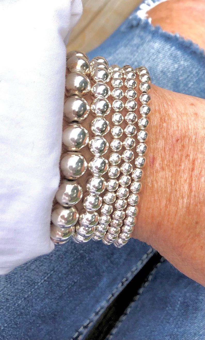 925 Sterling Silver 4mm 6mm 8mm Bead Bracelet, Charm Bracelet, Stacked bracelets image 1