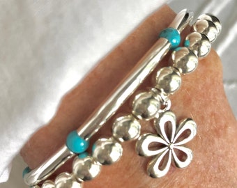 Sterling Silver 4mm Turquoise Tube  6mm Flower Charm