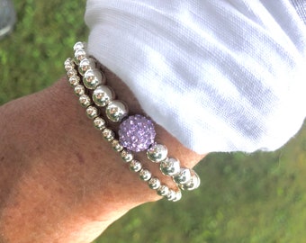 Sterling Silver 6mm Bracelet, 925 Sterling Silver,  Light Purple Crystal Shamballa Bead, Stacked bracelets