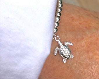 Sterling Silver 4mm Beads Turtle Charm Stretch Bracelet