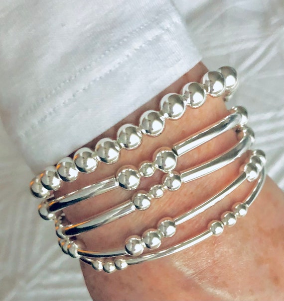 Paparazzi Silver Round & Cylindrical Bead 4 Individual Stretchy Bracelet Paparazzi Silver Round & Cylindrical Bead 4 Individual Stretchy Bracelet