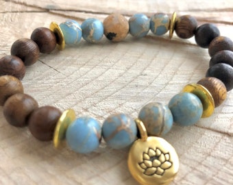 Blue Agate / Gemstone / Bead Bracelet / Lotus / Grounding / Throat Chakra