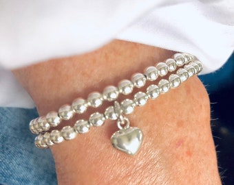 Sterling Silver 4mm Beaded Stretch Bracelet with Puff Heart Charm