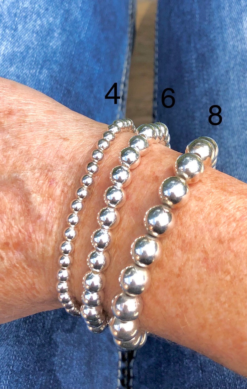 925 Sterling Silver 4mm 6mm 8mm Bead Bracelet, Charm Bracelet, Stacked bracelets image 2