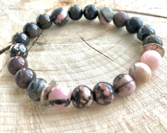 Rhodonite / Pink / Gemstone Bracelet / Bronzite