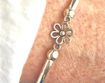 Sterling Silver 5mm Tube Bracelet, Flower Charm, Stacked bracelets