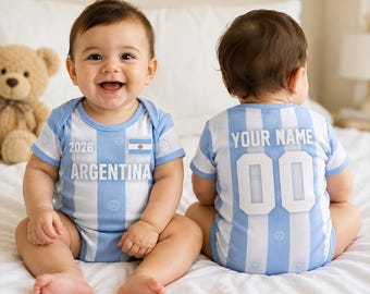 Personlig Argentina babybody, Anpassad namn- och nummerfotbollsoutfit för spädbarn, Argentina babytröja, Nyföddgåva, Babyfotbollströja 2026