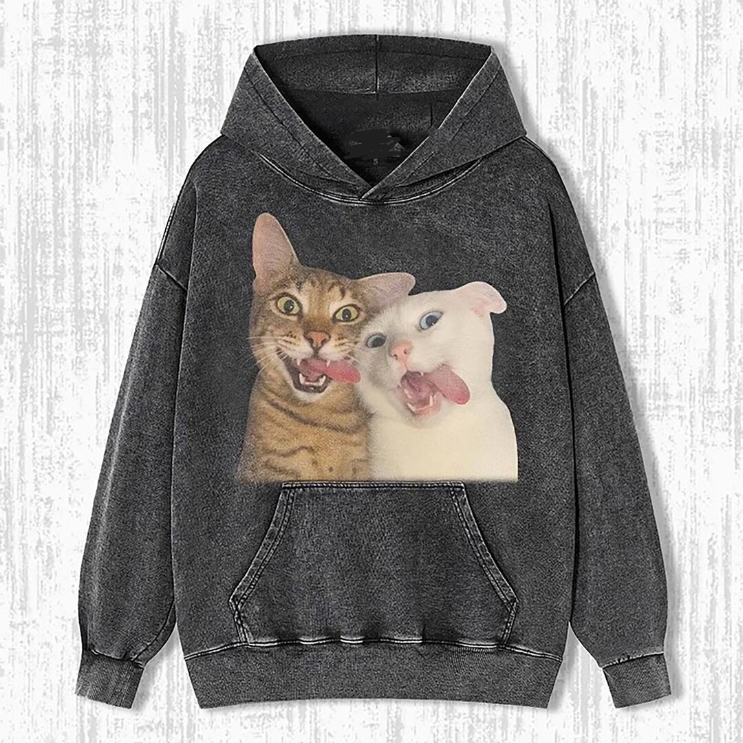 Wacky Cat Meme Hoodie | Vintage Washed Retro Streetwear Pullover - Etsy