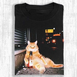 酔っ払い猫ミームTシャツ、面白いビール猫Tシャツ、ナイトストリートトップ