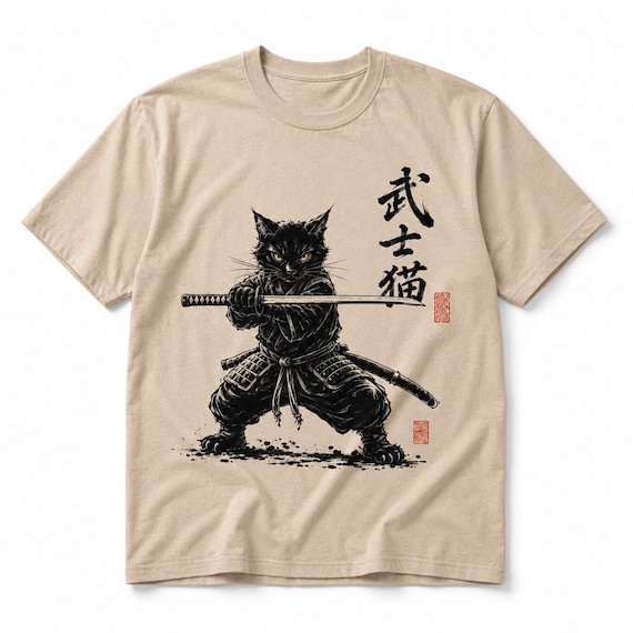 Samurai Cat Shirt, Japanese Warrior Cat Tee, Black Cat Samurai Graphic T-Shirt, Martial Arts Cat Shirt, Japan Style Cat Lover Gift