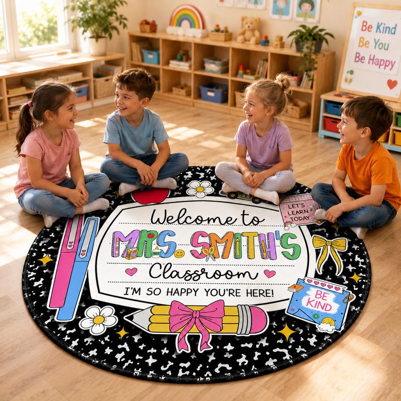 May include: A round classroom rug with a black and white speckled background featuring the text Welcome to MRS. SMITH'S Classroom I'M SO HAPPY YOU'RE HERE, decorated with colorful school supplies, a yellow pencil, and a pink bow.