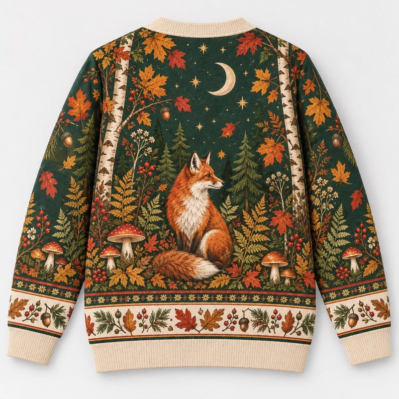 Fox Cardigan Sweater, Woodland Animal Print, Fall Foliage Clothing ...