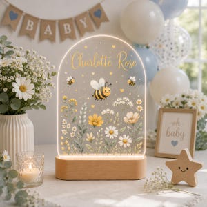 Personlig nattlampa med honungsbi i barnrummet, akryl LED-lampa med vildblomma som anpassningsbart namn, söt humla för barnrum, babypresent, GÅVA 2026