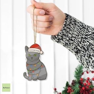 Personalized Gray Cat Christmas Ornament with Lights – Custom Name Acrylic Cat Tree Decoration – Cute Holiday Gift for Cat Lovers