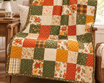 Cozy Fall Patchwork Quilt Blanket, Vintage Floral Quilted Throw, Rustic Autumn Couch Blanket, Housewarming, GIFT 2026