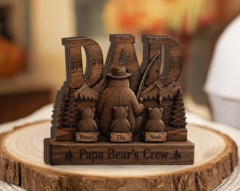 Regalo personalizado de madera para papá, letrero familiar personalizado de Papá Oso, decoración para papá pescador, regalo rústico para el Día del Padre con los nombres de los niños.
