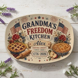 Puede incluir: Plato ovalado para servir con diseño patriótico. Presenta el texto "Grandma's Freedom Kitchen" con una bandera americana, flores y dos tartas. Incluye el nombre "Alex" y los años "1776-2026".