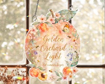 Golden Orchard Light Suncatcher, Peach Window Hanging, Cottagecore Summer Decor, Floral Fruit Sun Catcher