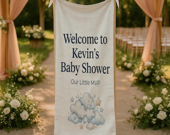 Personalized Baby Shower Welcome Banner, Baby Shower Entrance Sign, Fabric Party Banner, Little MVP Baby Shower Decor