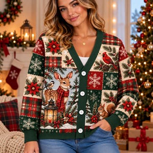 May include: A V-neck cardigan featuring a patchwork design of holiday motifs including a deer, a cardinal, a squirrel, poinsettias, snowflakes, and plaid patterns. The sweater has a dark green trim and five white buttons down the front.