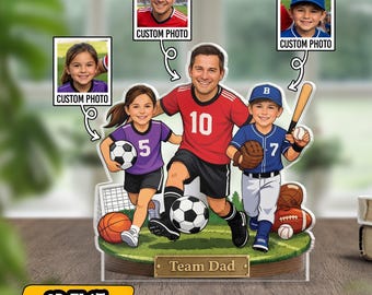 Placa acrílica personalizada para papá del equipo, regalo personalizado para papá deportista e hijos, letrero con caricatura de fútbol y béisbol, decoración para el Día del Padre.