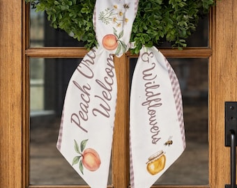 Peach Door Wreath Sash, Summer Orchard Wreath Bow, Peach Welcome Door Decor, Cottagecore Front Door Ribbon