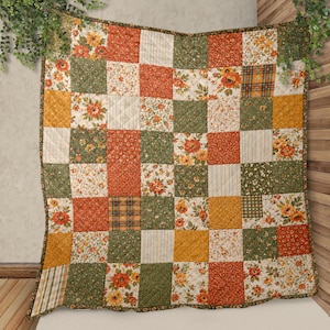 Cozy Fall Patchwork Quilt Blanket, Vintage Floral Quilted Throw, Rustic Autumn Couch Blanket, Housewarming, GIFT 2026