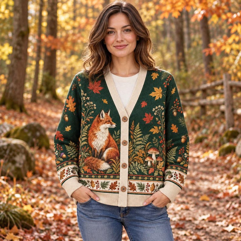 Fox Cardigan Sweater, Woodland Animal Print, Fall Foliage Clothing ...