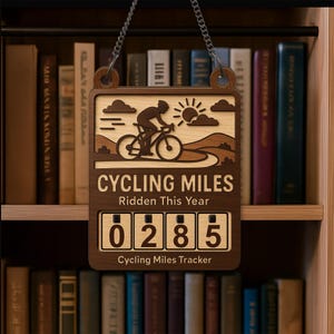 May include: Wooden cycling miles tracker with a chain for hanging. The sign features a cyclist graphic, sun, clouds, and the text "Cycling Miles Ridden This Year." The counter reads "0285" and is labeled "Cycling Miles Tracker."
