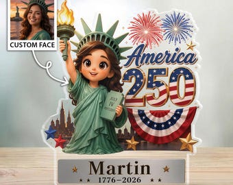 Placa acrílica personalizada America 250, decoración personalizada de la Estatua de la Libertad con nombre, regalo de aniversario de EE. UU. 1776-2026, recuerdo patriótico
