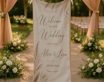 Tapiz de bienvenida de boda personalizado con nombres y fecha personalizados, pancarta de boda estilo boho, fondo floral neutro para la ceremonia, letrero decorativo