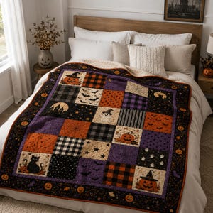 May include: A patchwork quilt featuring a Halloween theme with squares displaying pumpkins, black cats, ghosts, bats, spiderwebs, and stars in orange, purple, black, and cream colors. The quilt has a dark border with pumpkin and vine motifs.