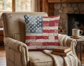 Funda de almohada patriótica de patchwork, cojín con la bandera estadounidense, decoración rústica de granja, cojín decorativo de EE. UU., detalle decorativo para el hogar del 4 de julio.