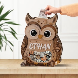 Personlig Uggla-spargris, Anpassad Myntbank i Skogsmark, Sparbank för Barn, Barndekoration, Babyshower-present för Pojkar bild 1